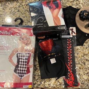 4 piece Jester Harley Quinn costume skirt bodysuit hat gloves